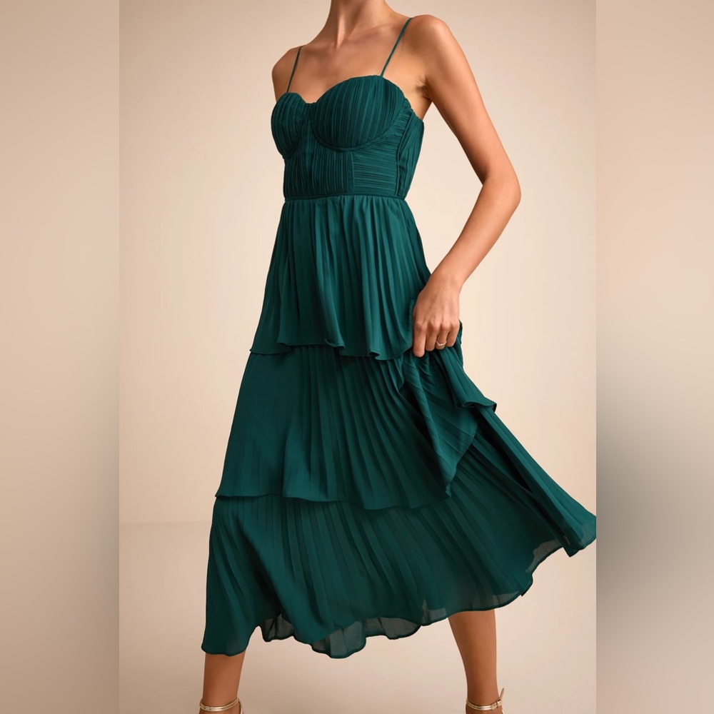 Lulu's Cascading Crush Emerald Tiered Bustier Midi Dress - Picture 4 of 15